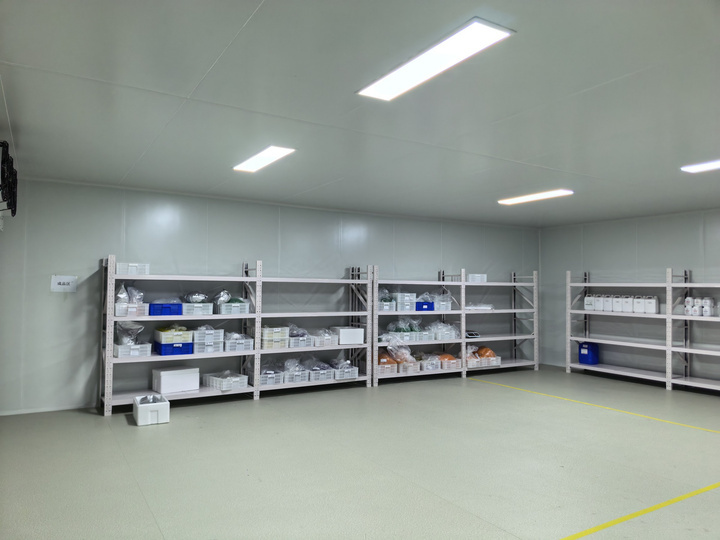 Shelves in the finished goods area
